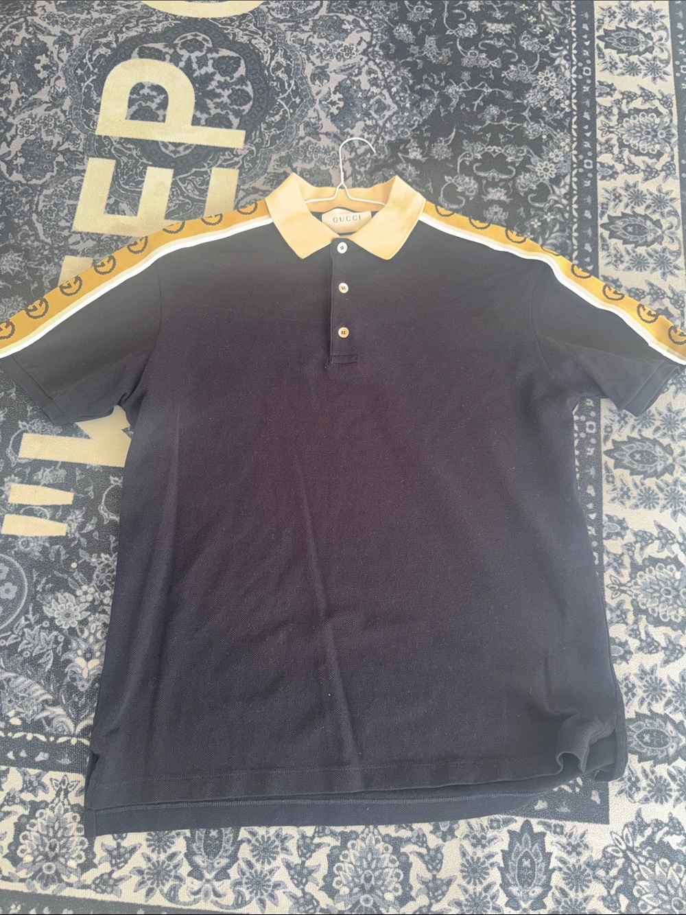 Gucci Navy Blue Polo with Yellow Contrast Collar and Shoulder Tape
